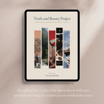 tablet on light brown background showing collage of photos showing crucifixes and scenery