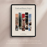 tablet on light brown background showing collage of photos showing crucifixes and scenery