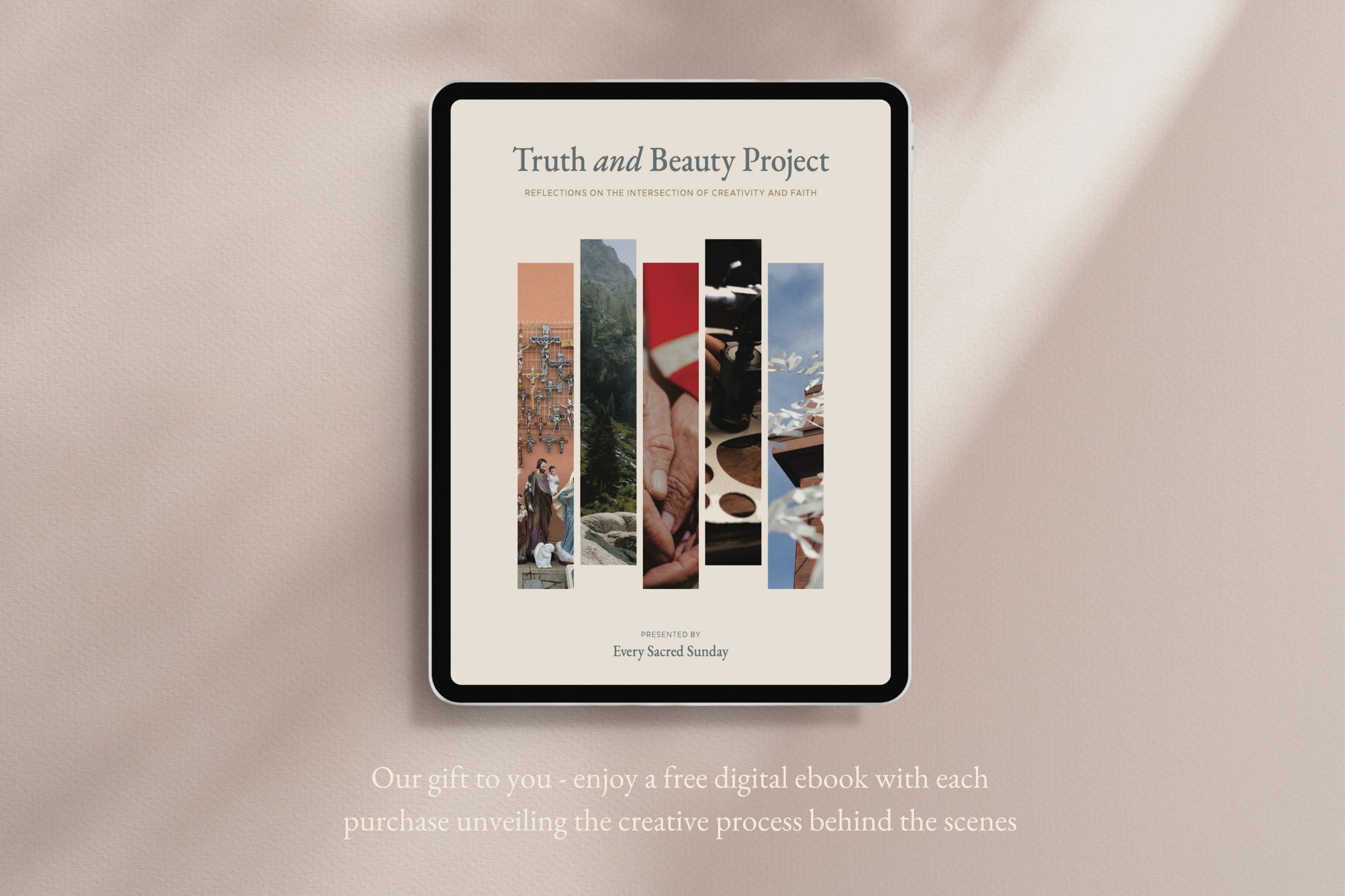 tablet on light brown background showing collage of photos showing crucifixes and scenery