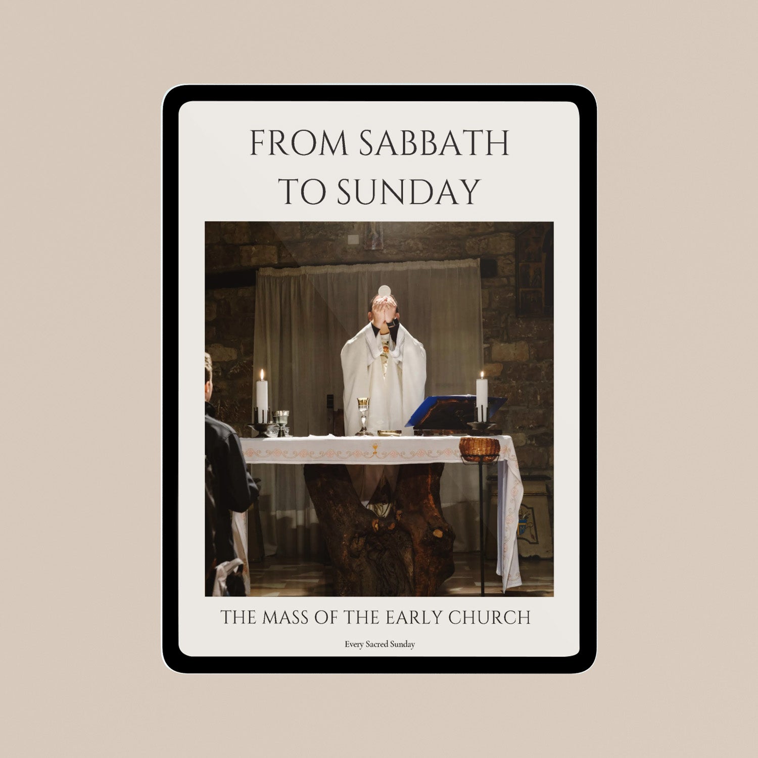 tablet on light brown background showing Catholic priest performing the consecration during mass holding the Eucharist
