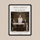 tablet on light brown background showing Catholic priest performing the consecration during mass holding the Eucharist