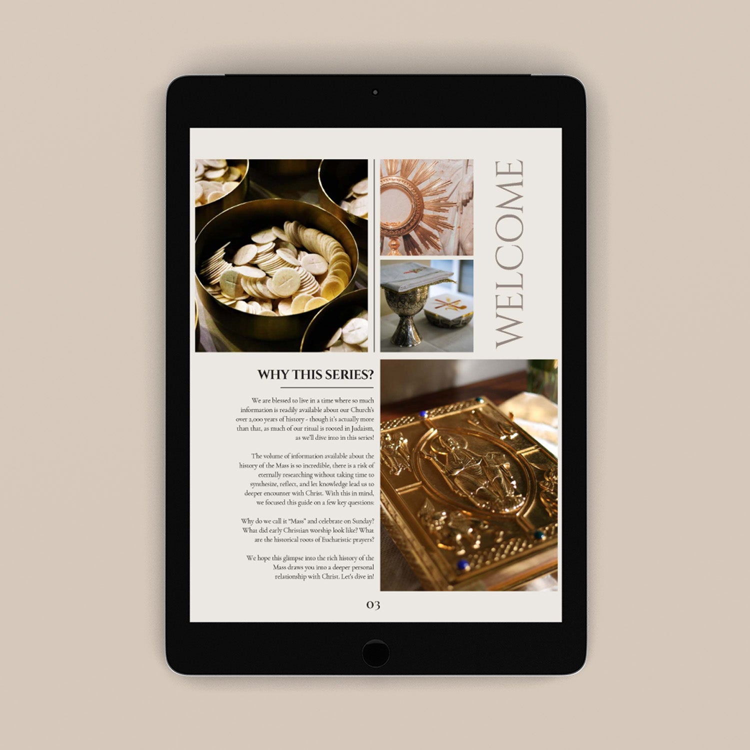 tablet on light brown background showing text and a monstrance with a chalice and book of the gospels