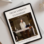 tablet showing From Sabbath to Sunday ebook and picture of priest during mass on white background
