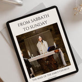 tablet showing From Sabbath to Sunday ebook and picture of priest during mass on white background