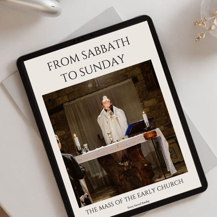 tablet showing From Sabbath to Sunday ebook and picture of priest during mass on white background