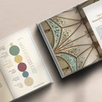 interior of Catechism Companion Journal showing photos of church ceiling and table of contents on light brown background