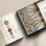 interior of Catechism Companion Journal showing photos of church ceiling and table of contents on light brown background