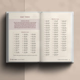 Interior of Catechism Companion Journal showing reading plan on light brown background