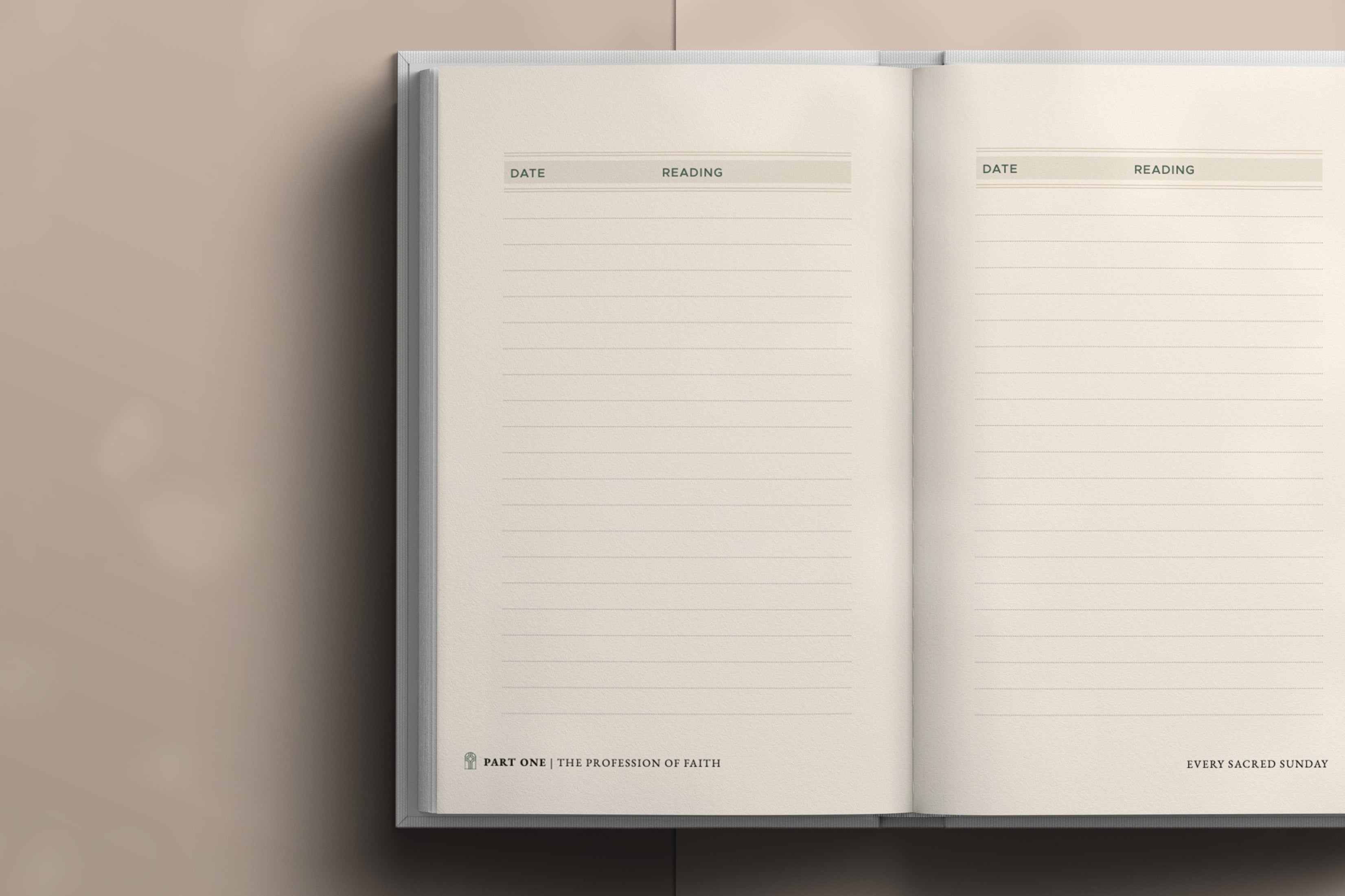 Interior of Catechism Companion Journal showing blank journal pages on light brown background