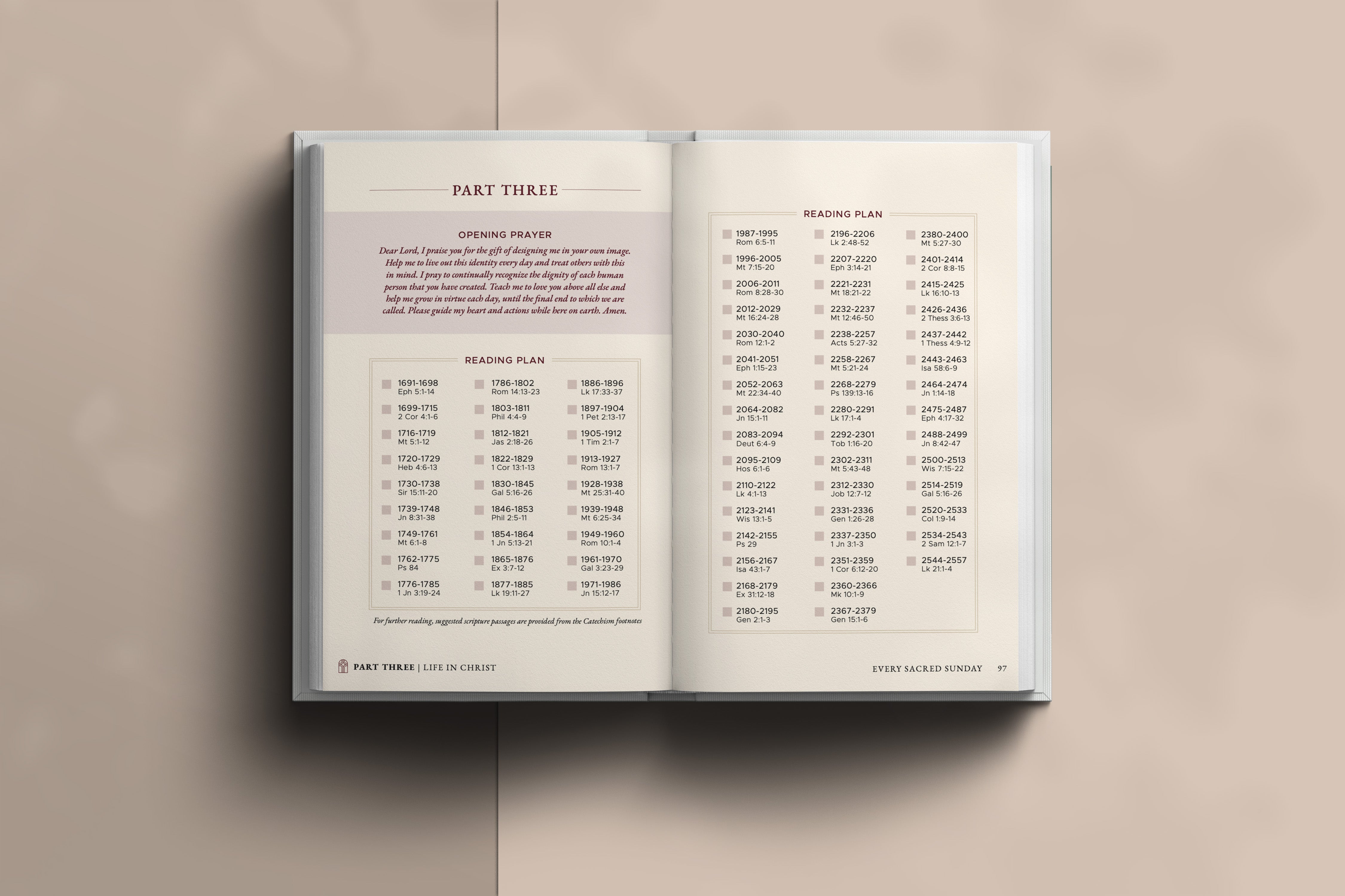 Interior of Catechism Companion Journal showing reading plan on light brown background 